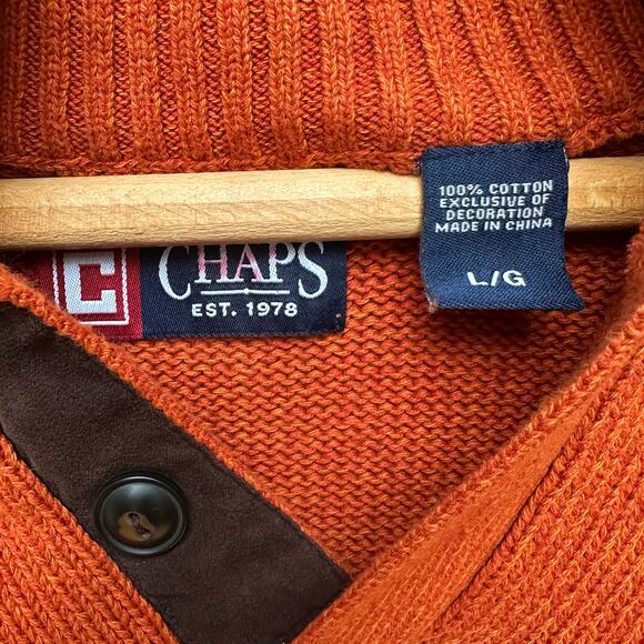 Chaps Rust Orange 100% Cotton Pullover Sweater L Elbow Patch Button Neck - Picture 2 of 5